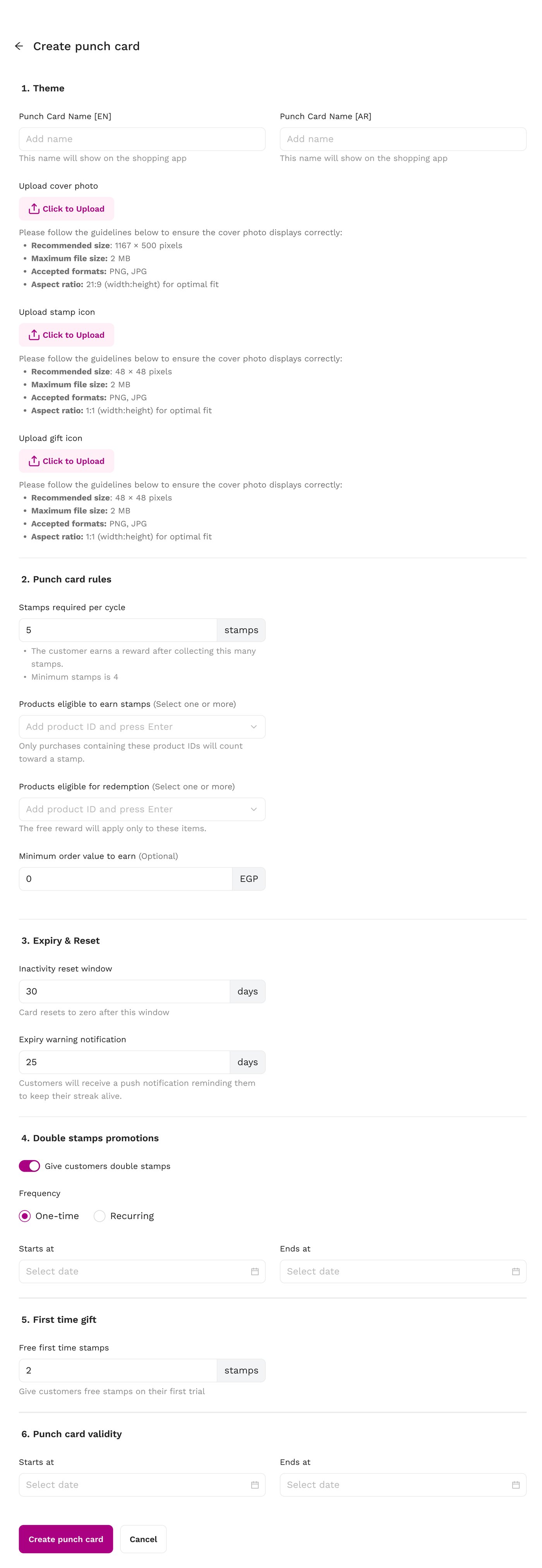 The full create punch card form: theme with English and Arabic names and uploads for the cover photo, stamp icon and gift icon; punch card rules with stamps per cycle, eligible products to earn and redeem, and a minimum order value; expiry and reset with an inactivity window and a warning notification; double stamps promotions; a first time gift of free stamps; and punch card validity dates