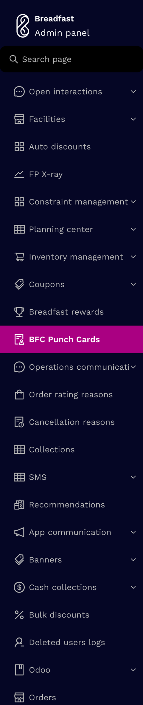 The Breadfast admin panel side navigation, with BFC Punch Cards selected