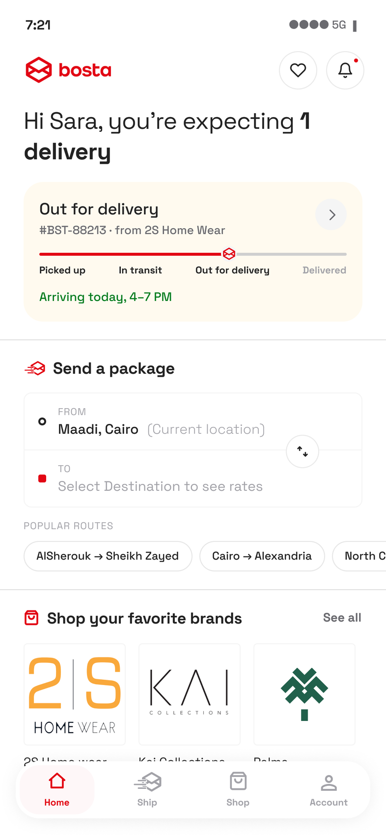 Returning user with one delivery: one tracking card, no supporting rows, no overflow link, and no teaching subtitle under Send