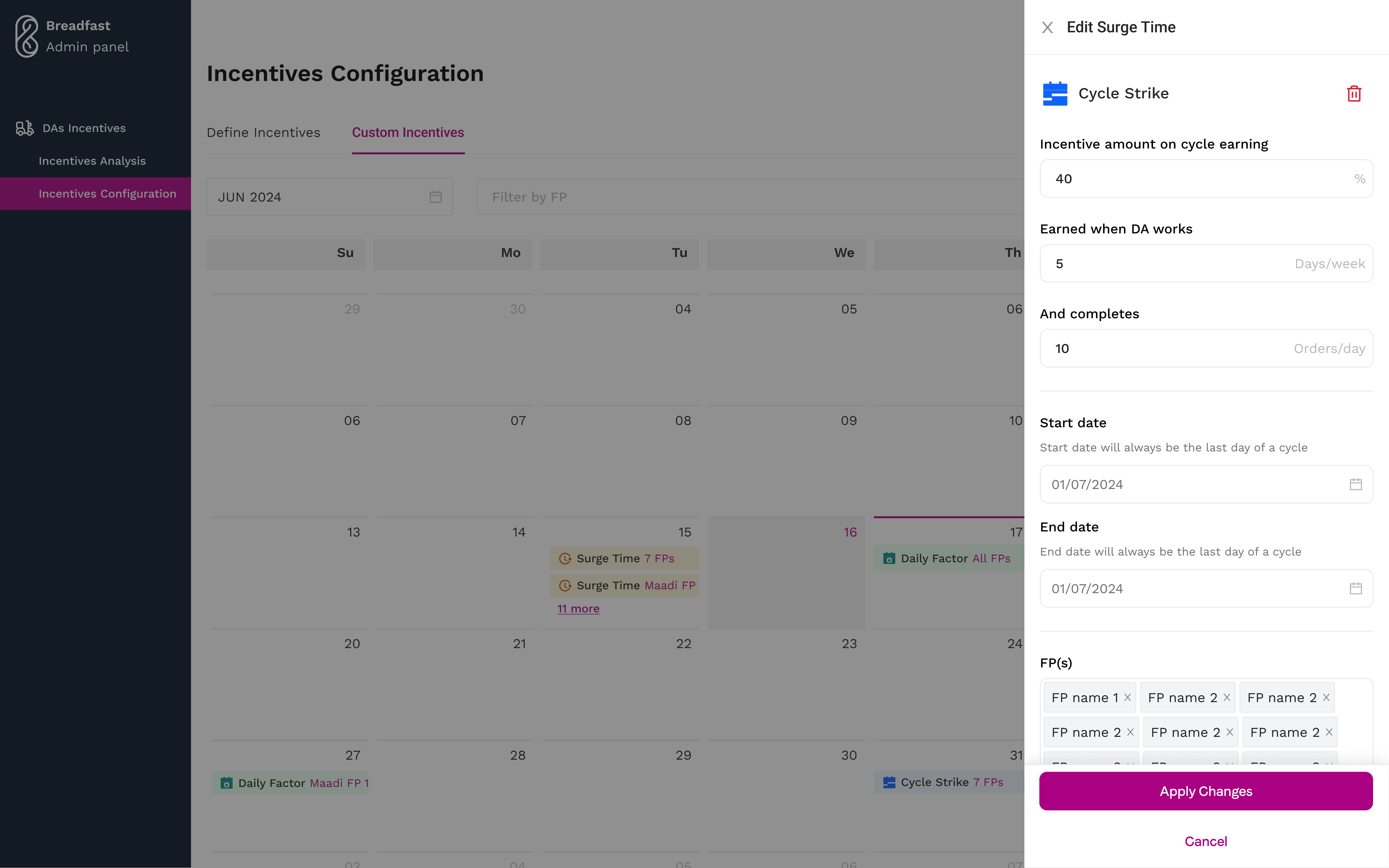 The edit drawer for a custom incentive, with fields for incentive amount on cycle earning, days per week worked, orders per day, start and end dates, and the fulfilment points it applies to
