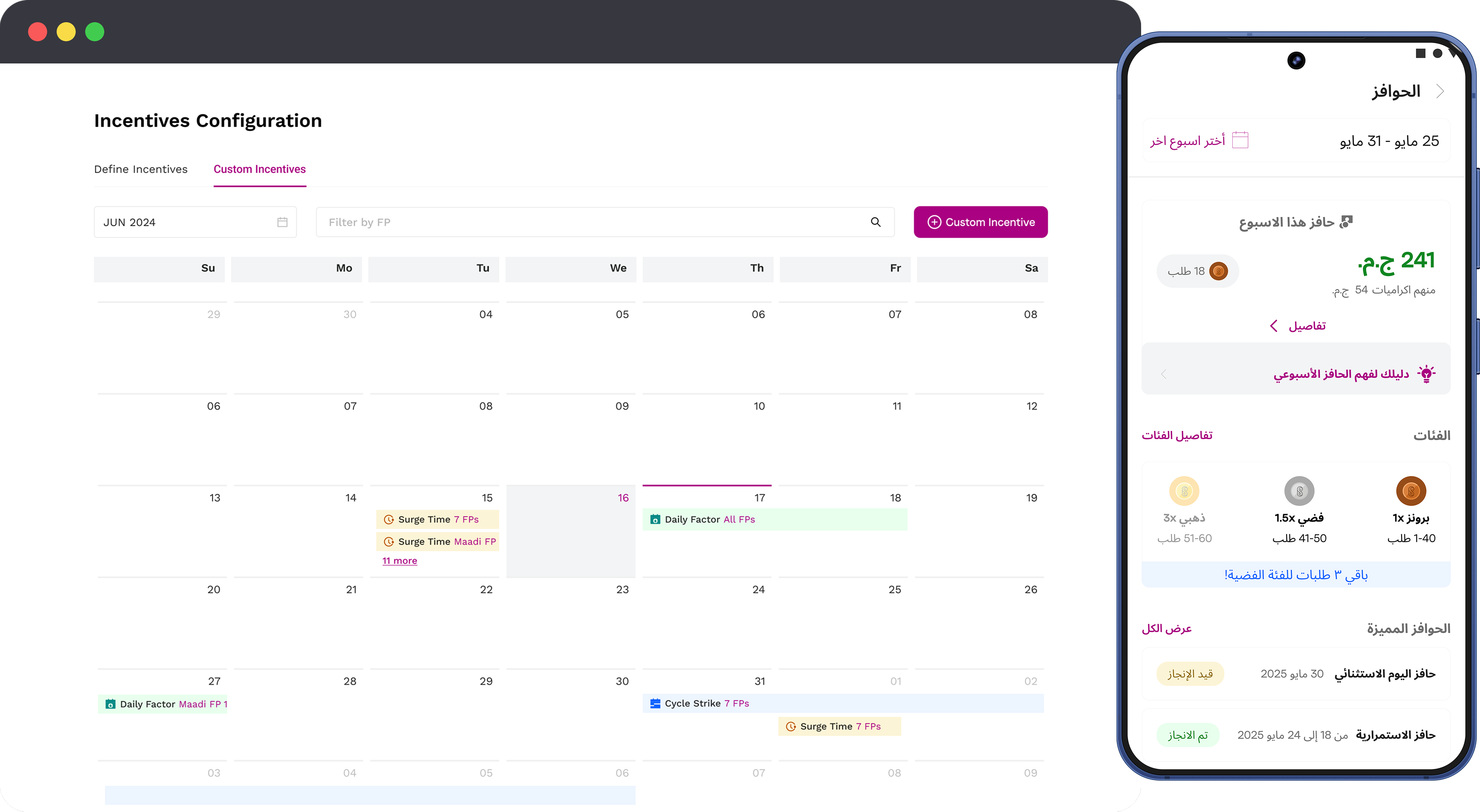 The Breadfast DA incentive system: the coordinator dashboard and the Arabic Fleet App shown together