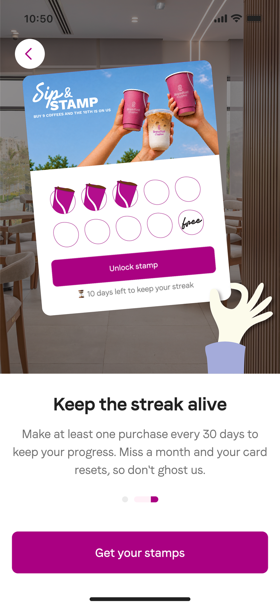 The second onboarding screen, keep the streak alive, explaining that a purchase every thirty days keeps your progress