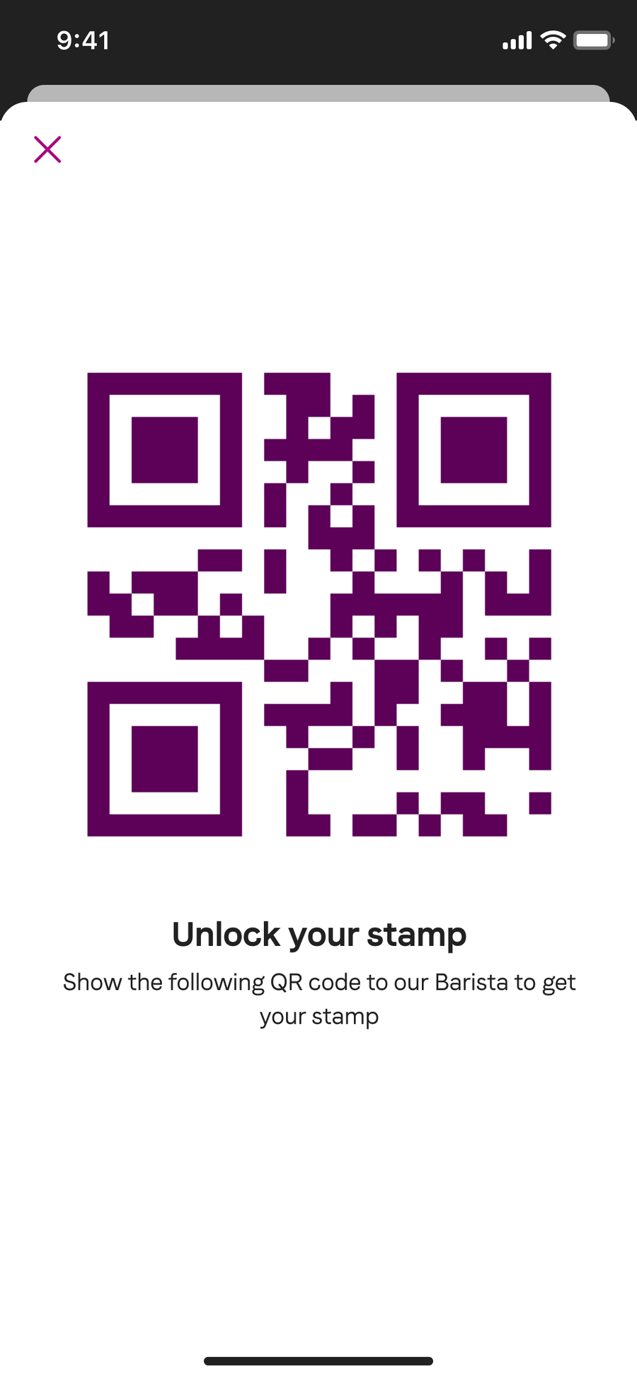 The unlock your stamp screen, a QR code to show the barista