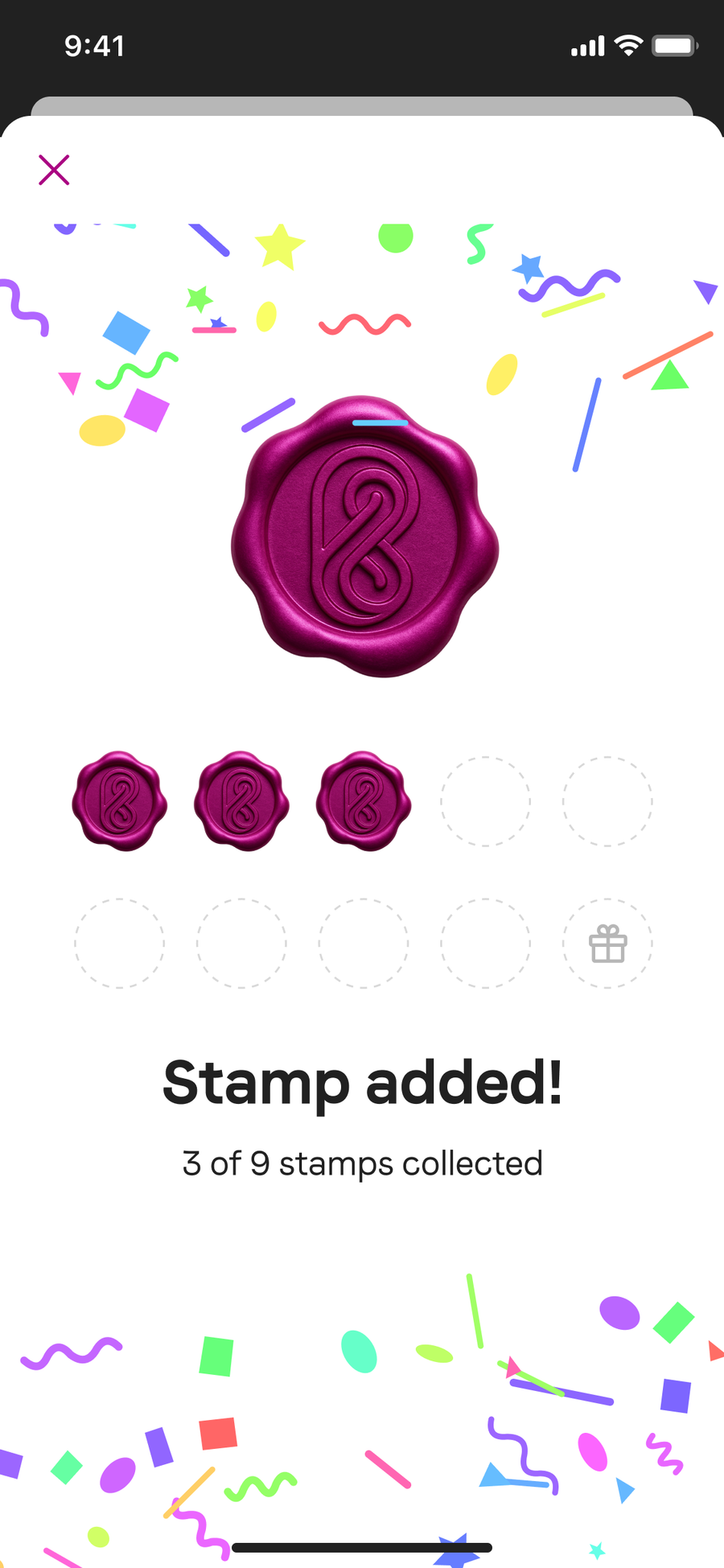 The stamp added confirmation, showing a wax seal, the card at three of nine stamps, and confetti