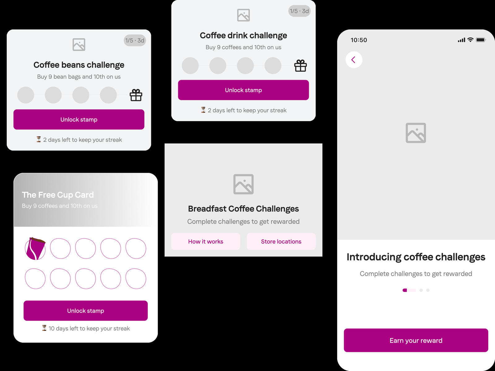 Early explorations: compact challenge cards for a coffee beans challenge and a coffee drink challenge, a Breadfast Coffee Challenges header block, a full Free Cup Card with ten slots, and an introducing coffee challenges onboarding screen